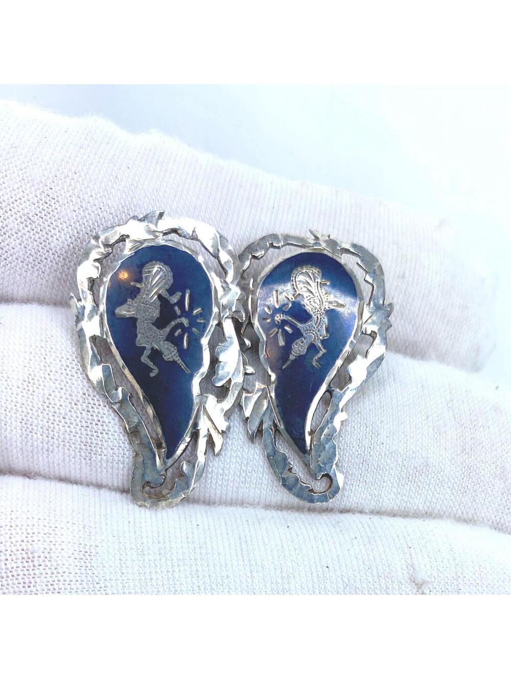 SIAM NIELLO Vintage Sterling Silver Dancing Goddess Ornate Clip On Earrings